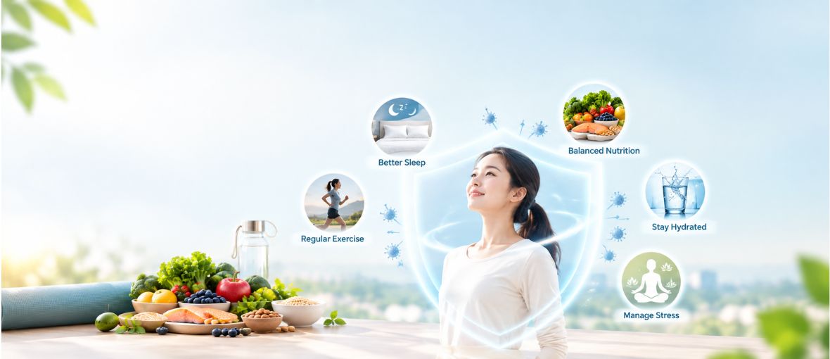 Healthy lifestyle habits that support immune health, including sleep, balanced nutrition, exercise, hydration, and stress management.