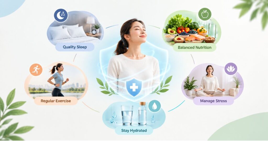 Healthy lifestyle habits that support immune health, including sleep, balanced nutrition, exercise, hydration, and stress management.