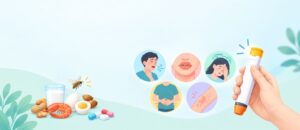 Allergy and anaphylaxis warning signs including skin symptoms, nasal symptoms, breathing problems, swelling, stomach symptoms, dizziness, and rapidly worsening symptoms.