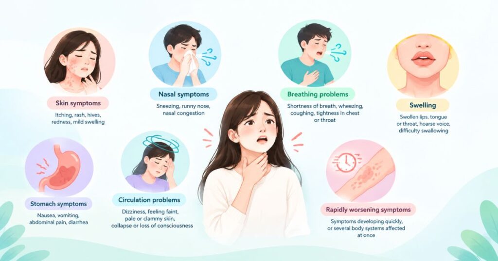 Allergy and anaphylaxis warning signs including skin symptoms, nasal symptoms, breathing problems, swelling, stomach symptoms, dizziness, and rapidly worsening symptoms.