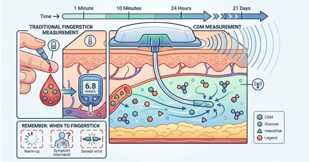 CGM sensor measuring glucose in interstitial fluid beneath the skin