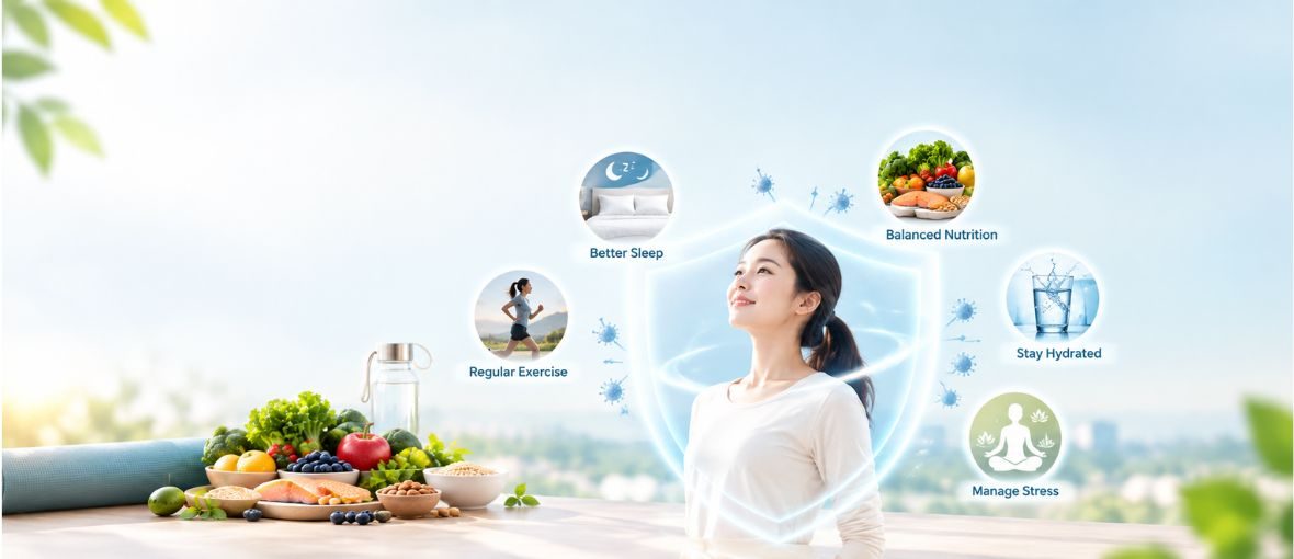 Healthy lifestyle habits that support immune health, including sleep, balanced nutrition, exercise, hydration, and stress management.