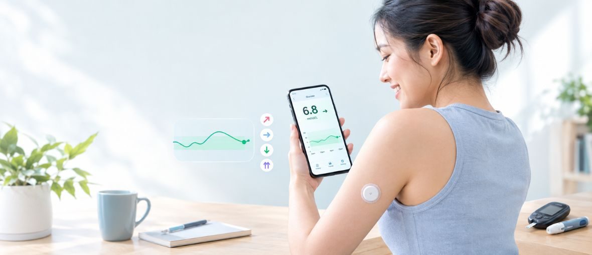CGM sensor measuring glucose in interstitial fluid beneath the skin